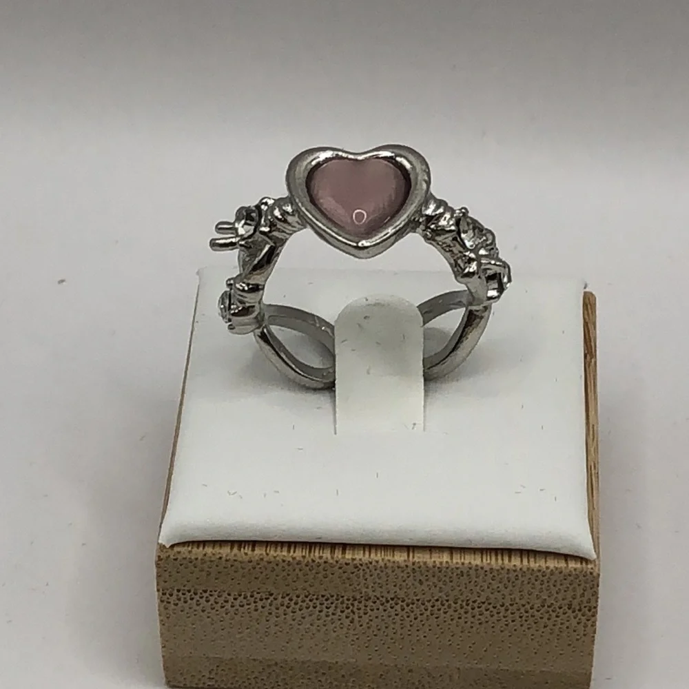 3/$25 Chunky Pink Heart Adjustable Ring Rhinestones Brutalist Whimsigoth